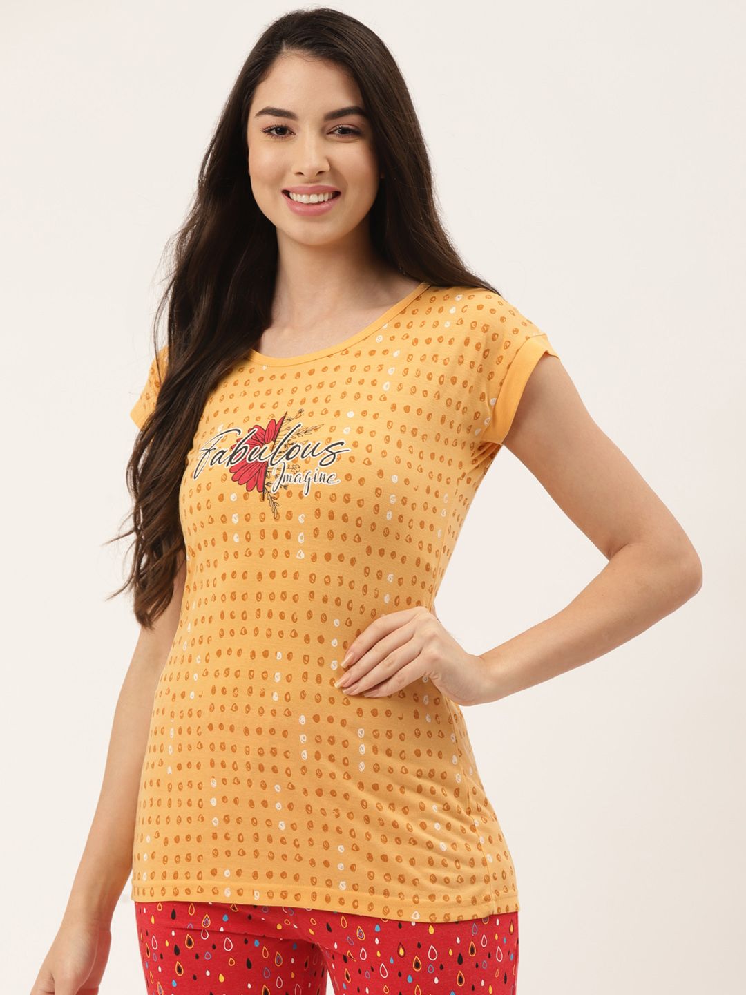 BROOWL Women Yellow Printed Loose Fit Pure Cotton Lounge T-Shirts Price in India