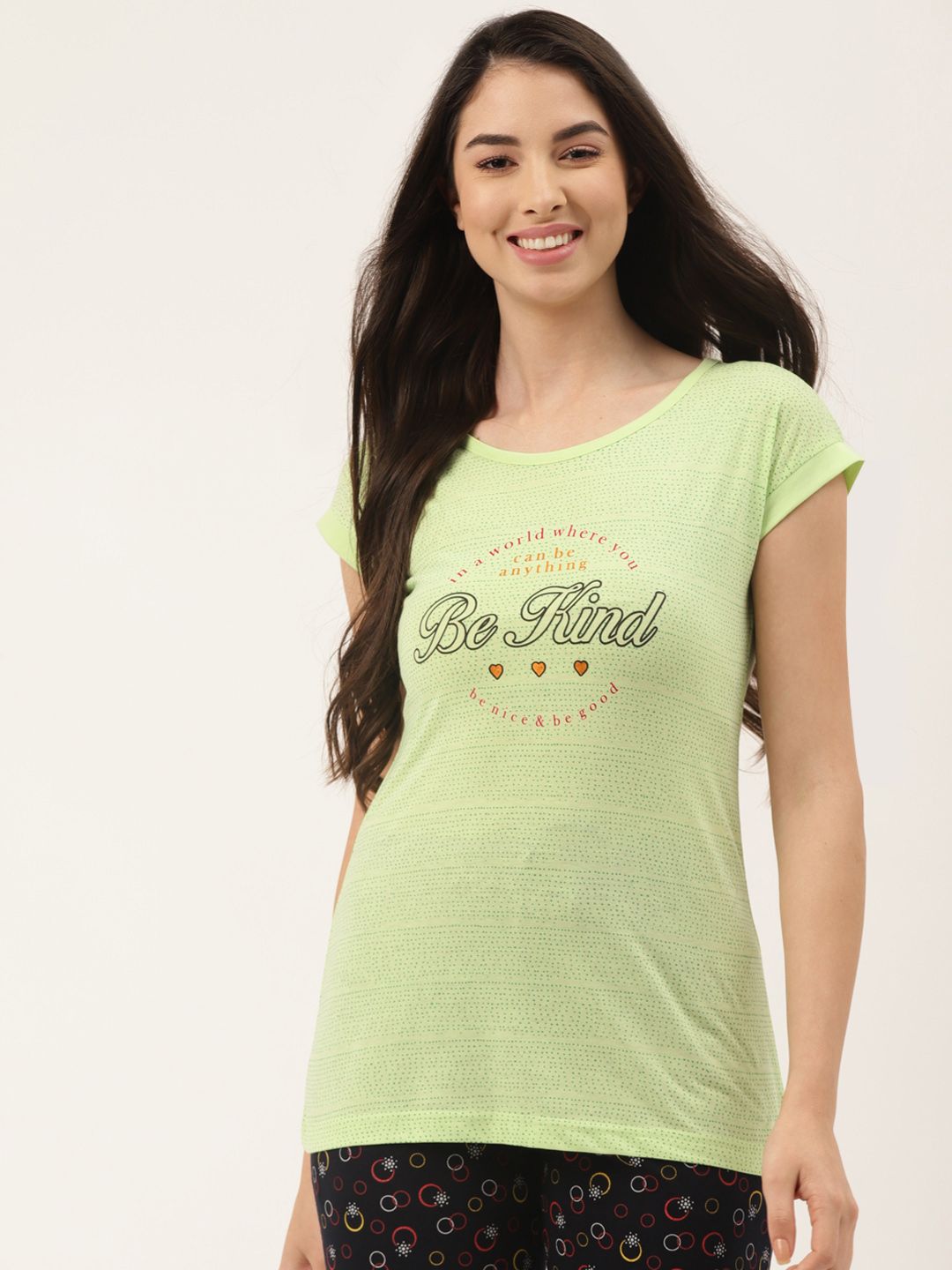 BROOWL Women Lime Green Printed Loose Fit Pure Cotton Lounge T-Shirts Price in India