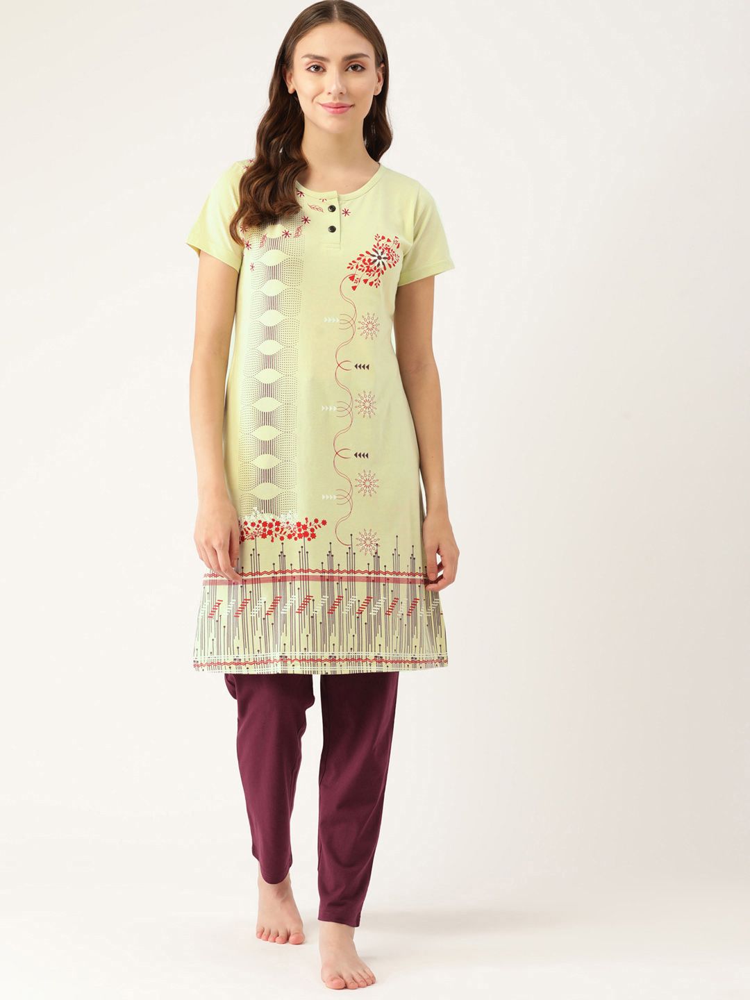 BROOWL Women Cream-Coloured & Burgundy Printed Pure Cotton Night suit Price in India