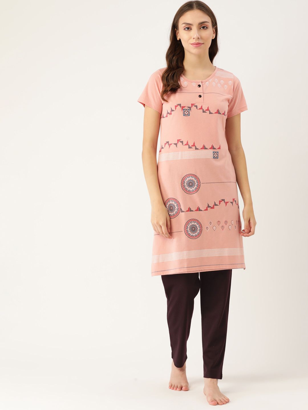 BROOWL Women Peach-Coloured & Black Printed Pure Cotton Night suit Price in India