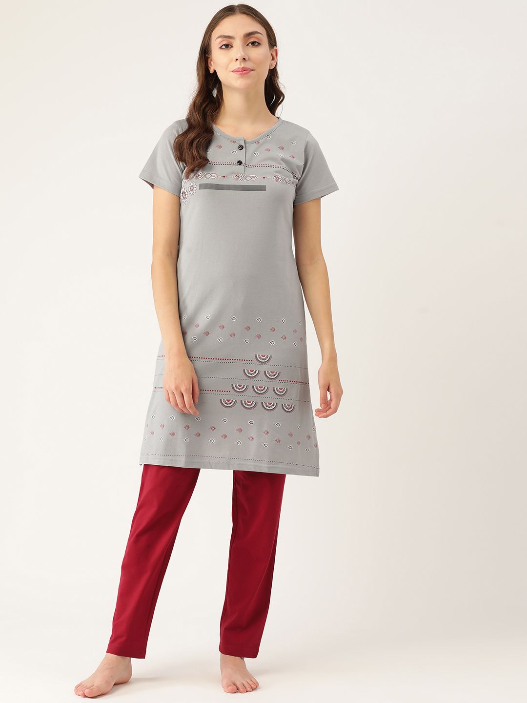 BROOWL Women Grey & Red Printed Pure Cotton Night suit Price in India