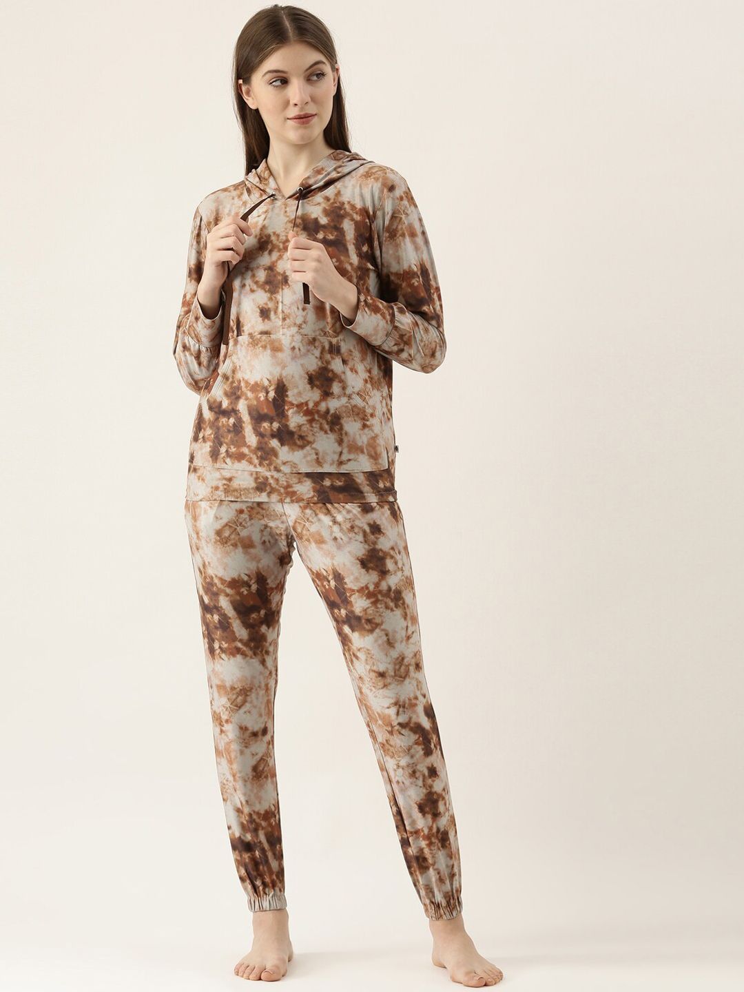 Bannos Swagger Women Brown Tie And Dye Hoodie Style Co-ord Set