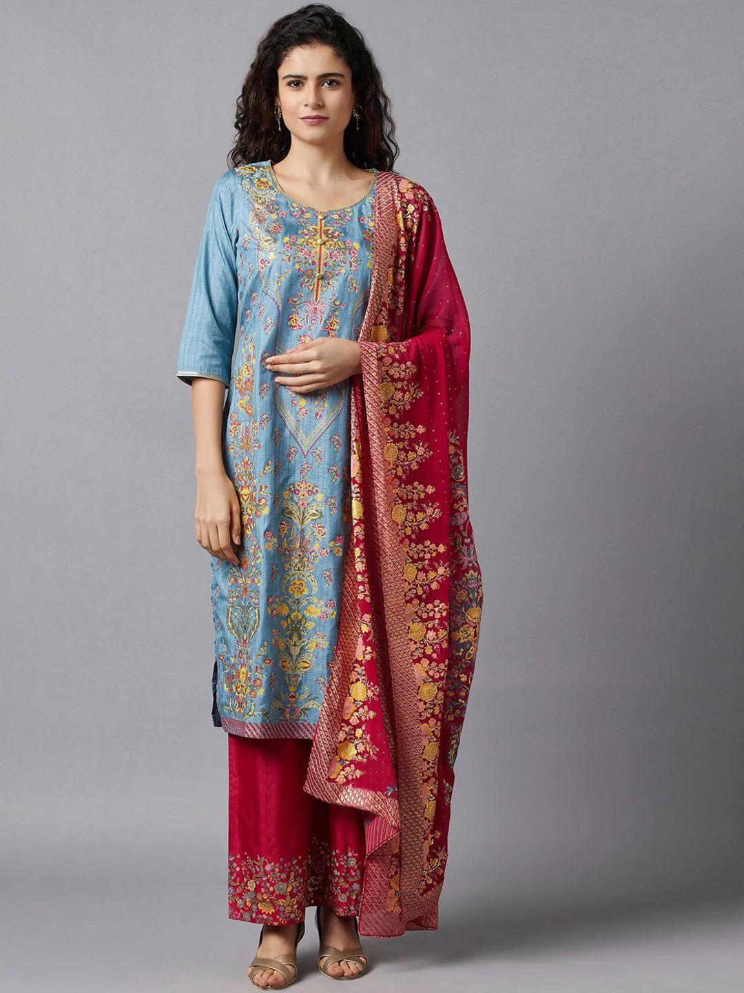 AURELIA Women Blue & Red Floral Printed Kurta with Palazzo & Dupatta Price in India