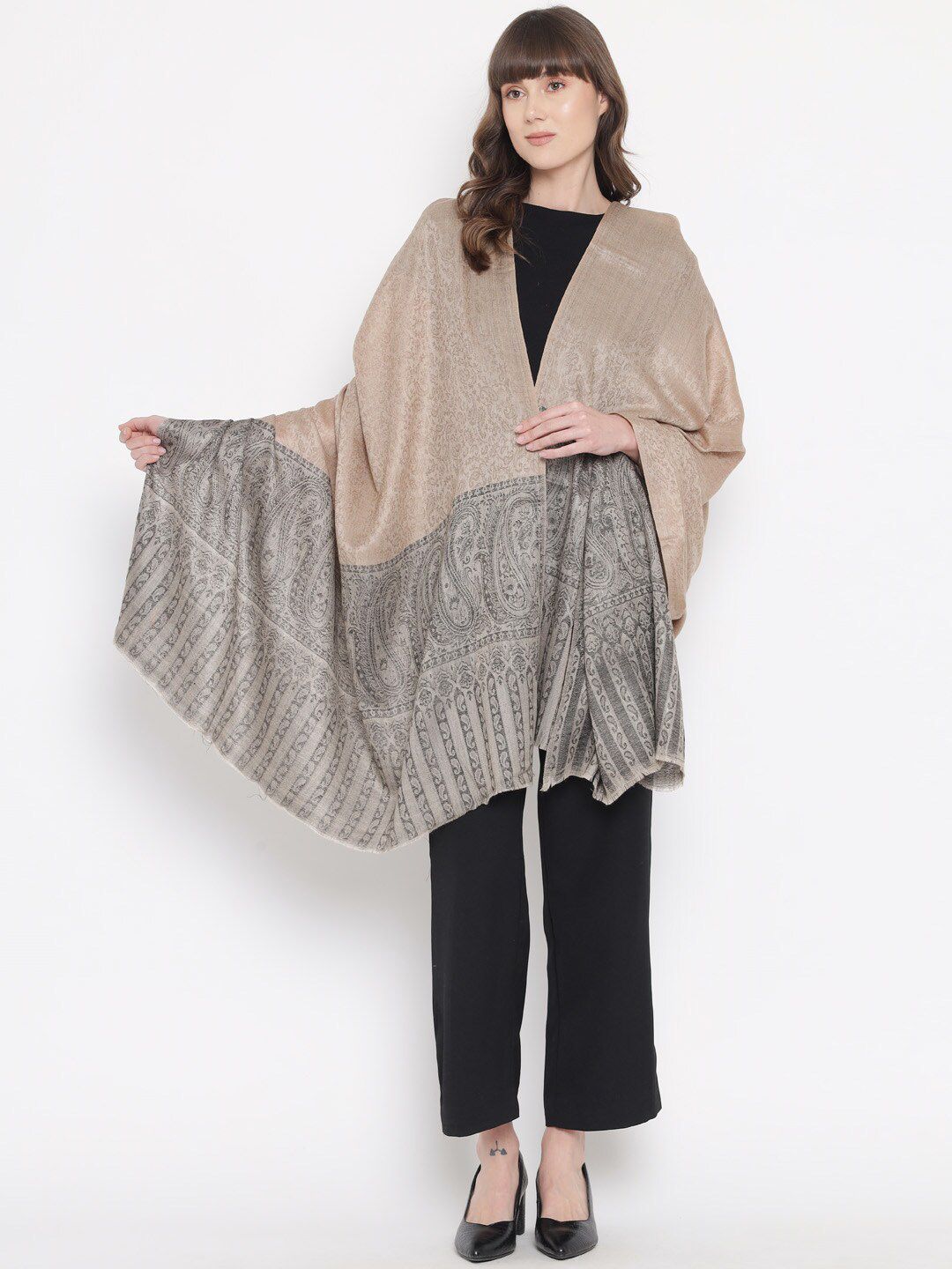 Pashtush Women Beige & Grey Woven Design Shawl
