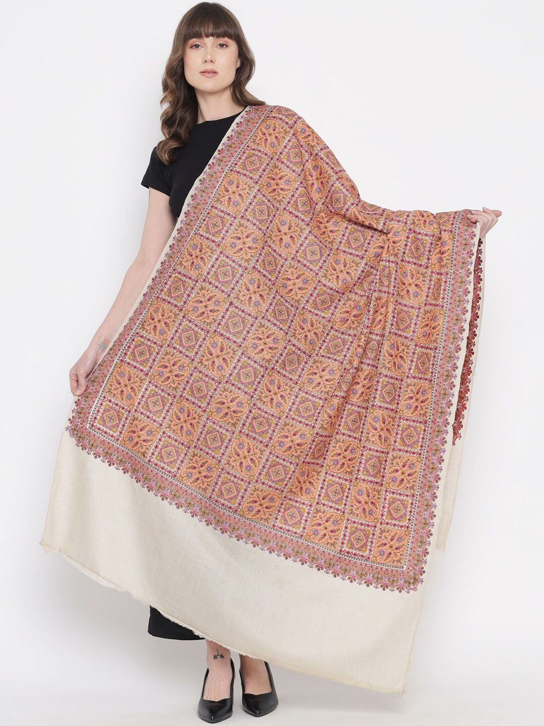 Pashtush Women Beige & Peach Printed Wool Shawl Price in India