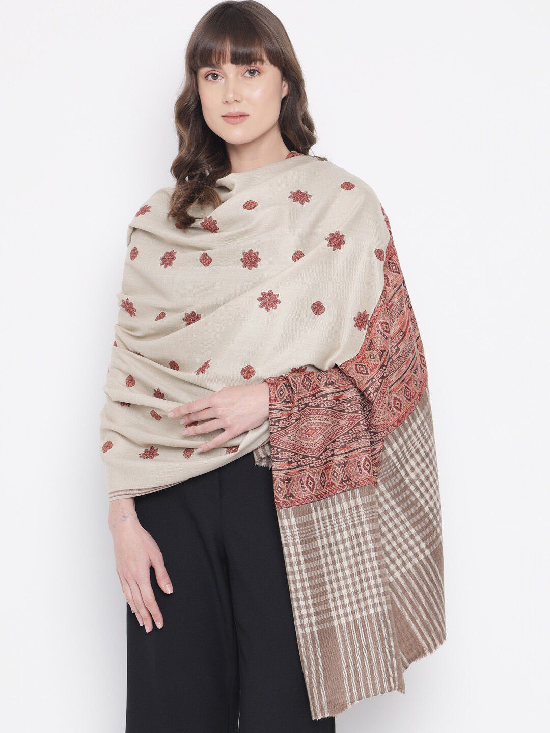 Pashtush Women Beige & Brown Embroidered Woolen Shawl Price in India