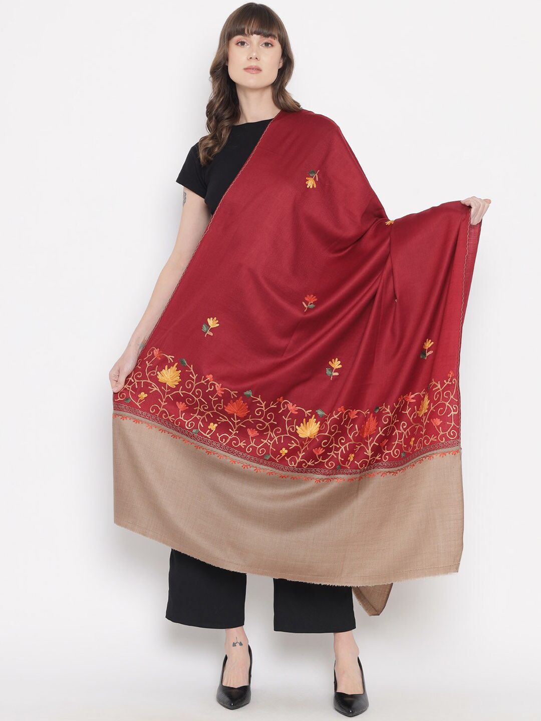 Pashtush Women Maroon Embroidered Woolen Shawl Price in India