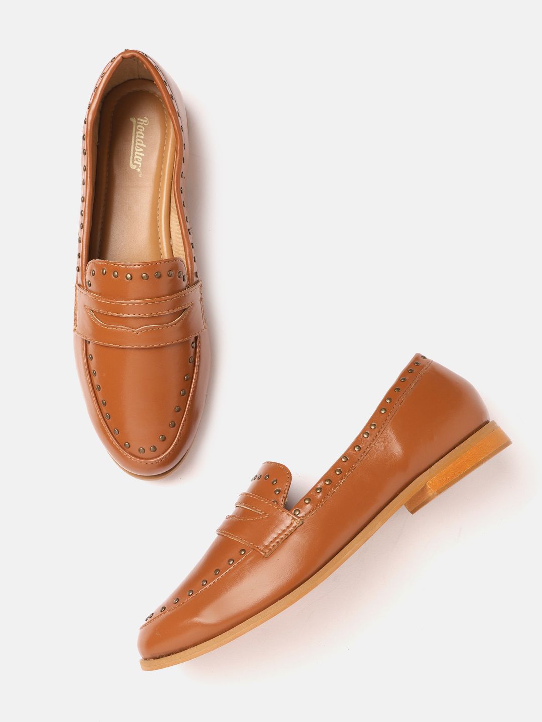 Roadster Women Tan Brown Solid Penny Loafers with Metallic Detail Price in India