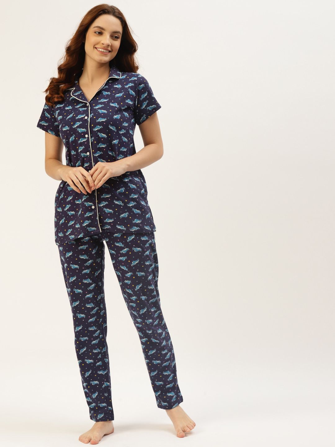 BROOWL Women Navy Blue Conversational Printed Pure Cotton Pyjama Set Price in India