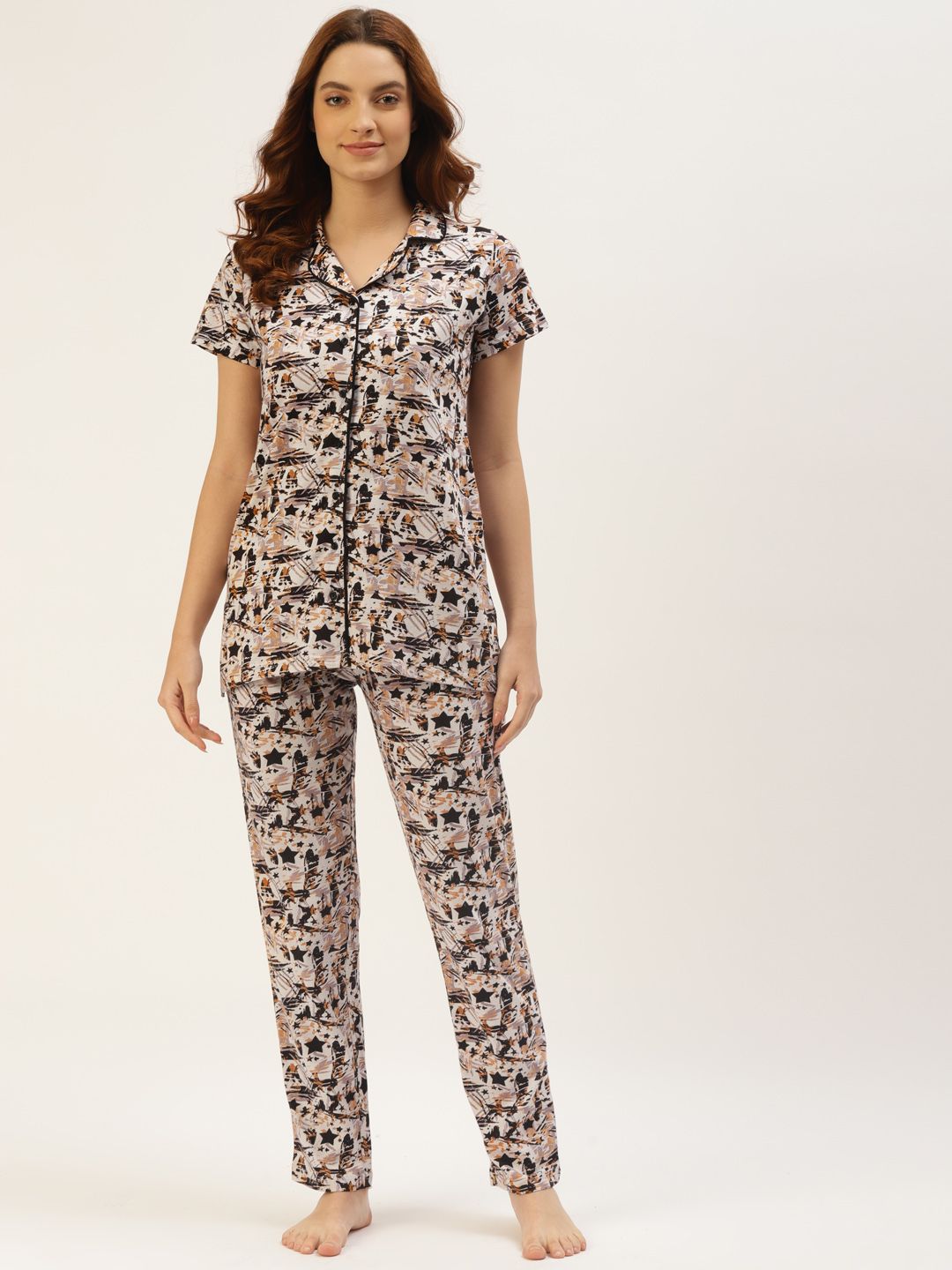 BROOWL Women Beige & Black Conversational Printed Pure Cotton Pyjama Set Price in India