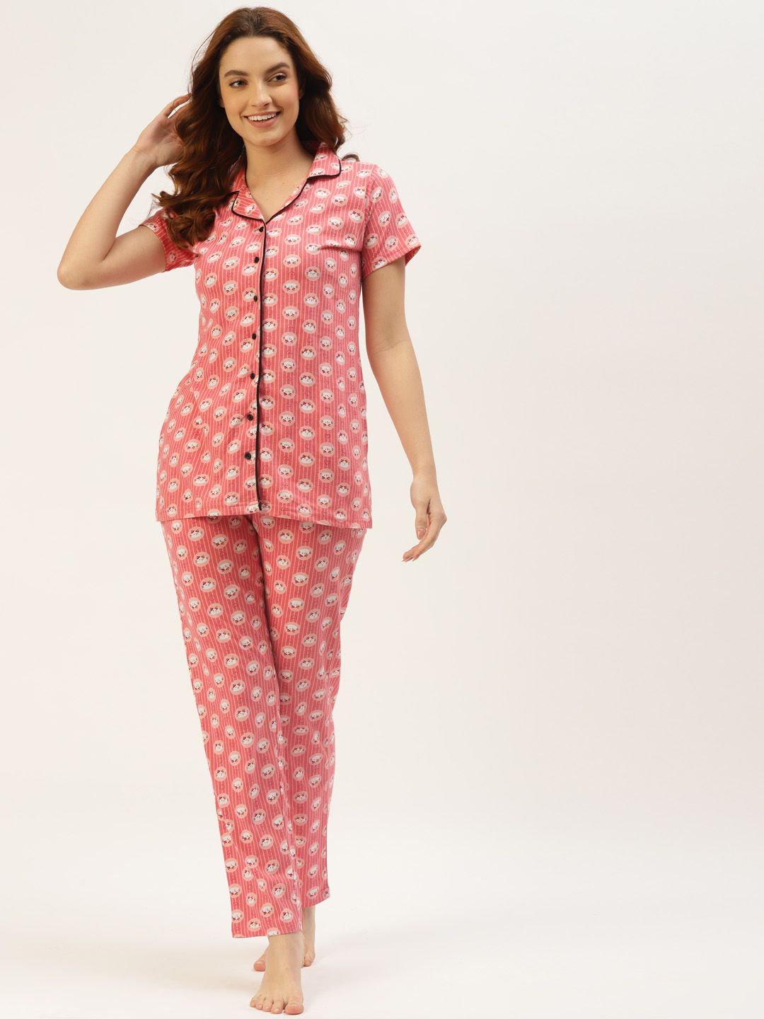 BROOWL Women Coral Hello Kitty Printed Pure Cotton Pyjama Set Price in India