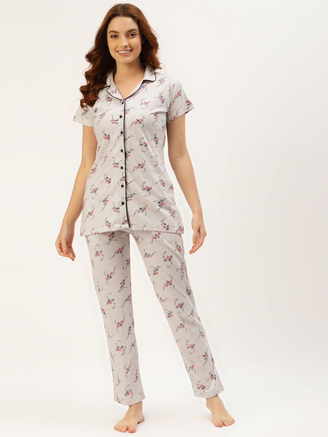BROOWL Women Off White Floral Printed Pure Cotton Pyjama Set Price in India