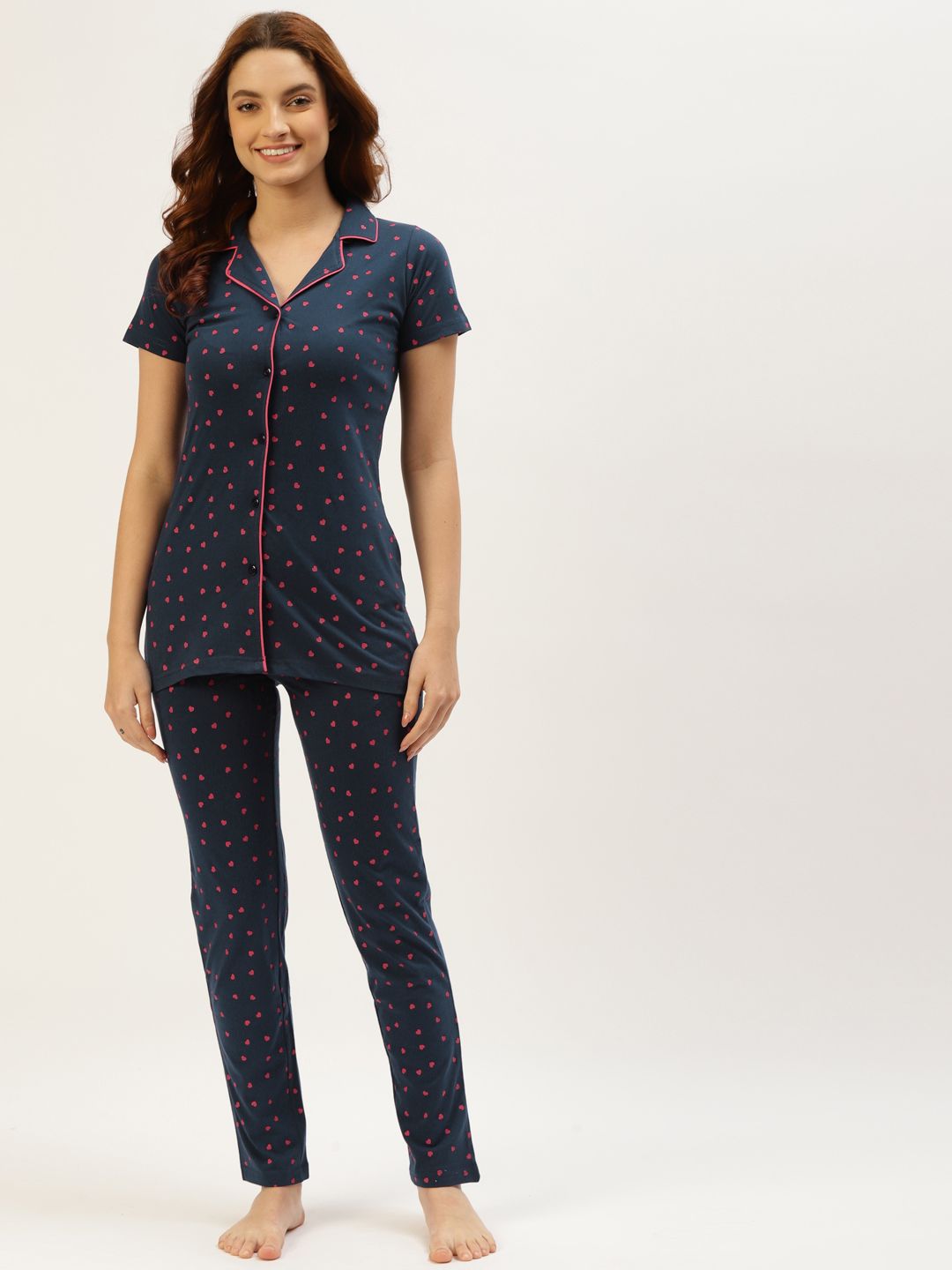 BROOWL Women Navy Blue & Red Conversational Print Pure Cotton Pyjama Set Price in India