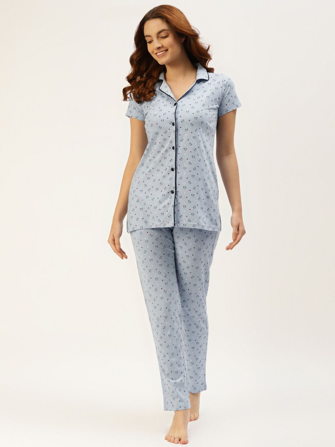 BROOWL Women Blue Conversational Print Pure Cotton Pyjama Set Price in India