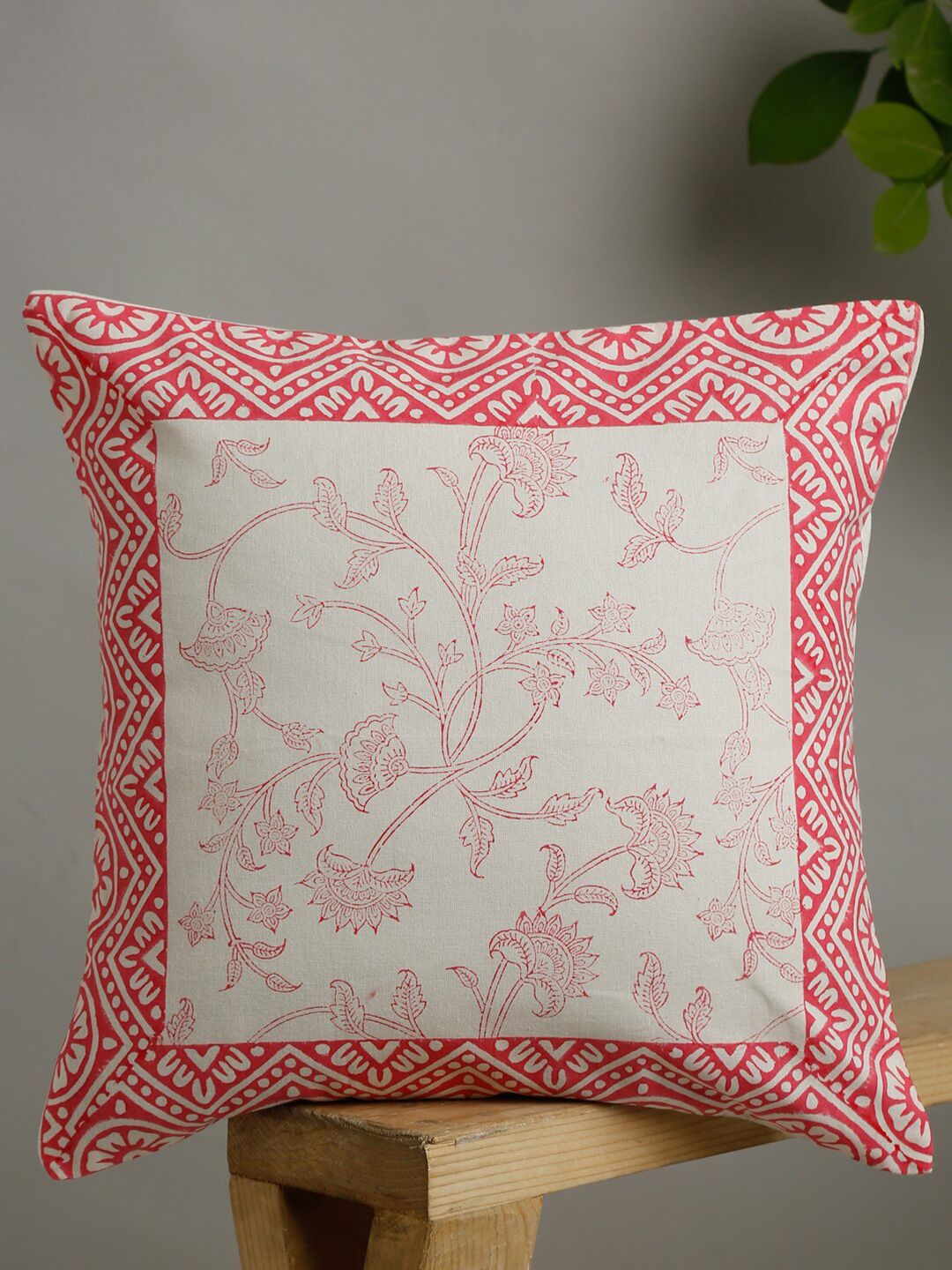 EK BY EKTA KAPOOR Off-White & Coral Red Floral Block Print Pure Cotton Square Cushion Cover Price in India