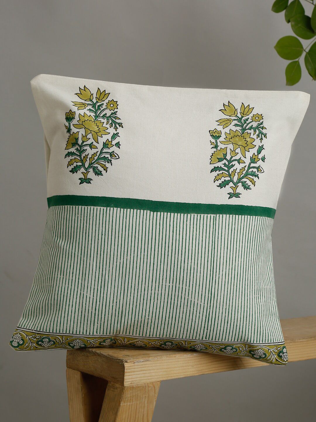 EK BY EKTA KAPOOR White & Green Floral Printed Pure Cotton Square Cushion Covers Price in India