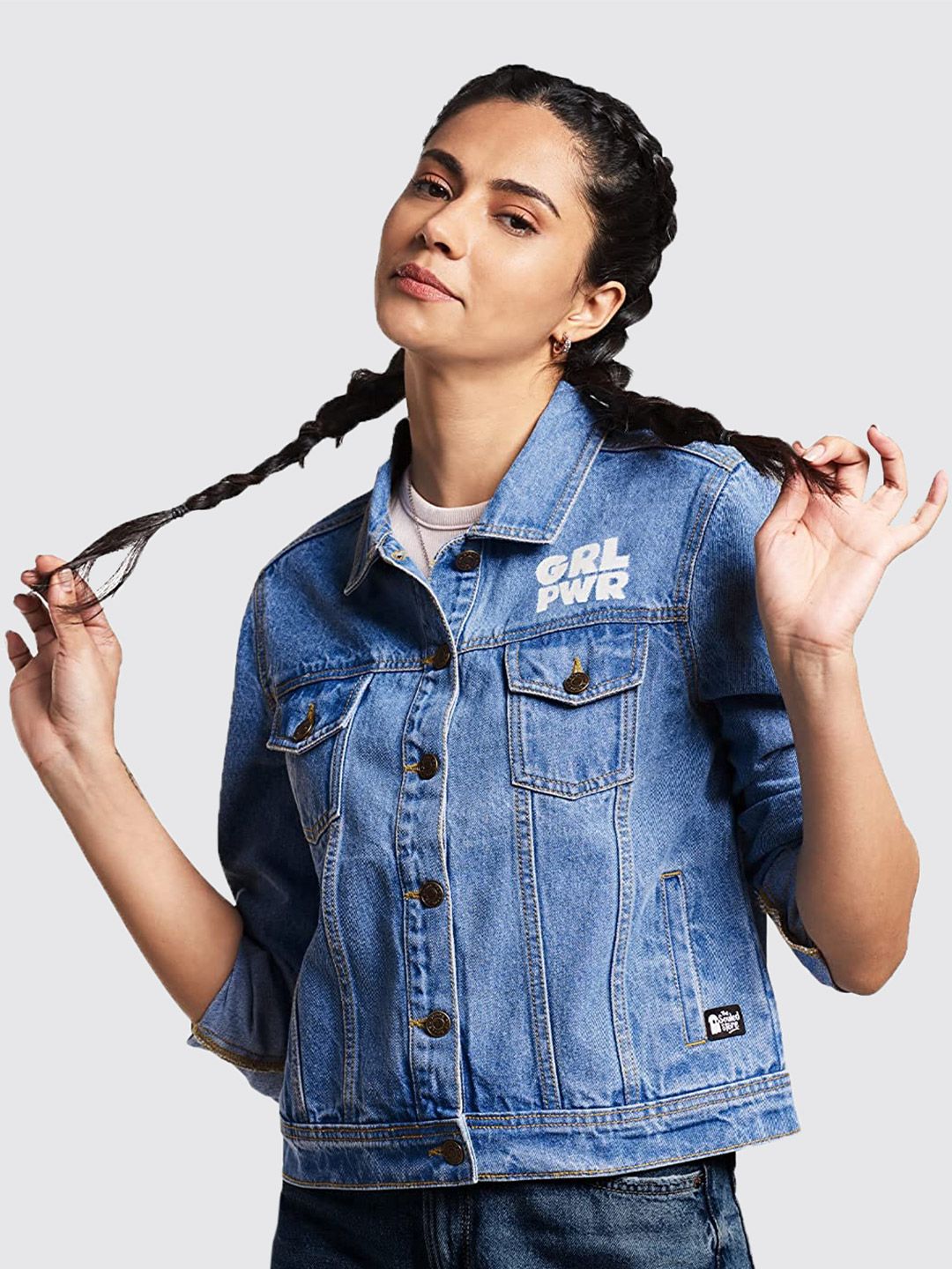 The Souled Store Women Blue Washed Denim Jacket with Embroidered Price in India