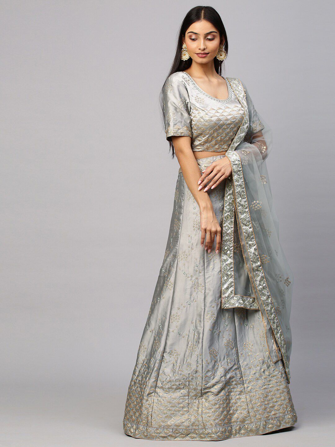 RedRound Women Grey & Gold-Toned Embroidered Semi-Stitched Lehenga with Blouse & Dupatta Price in India