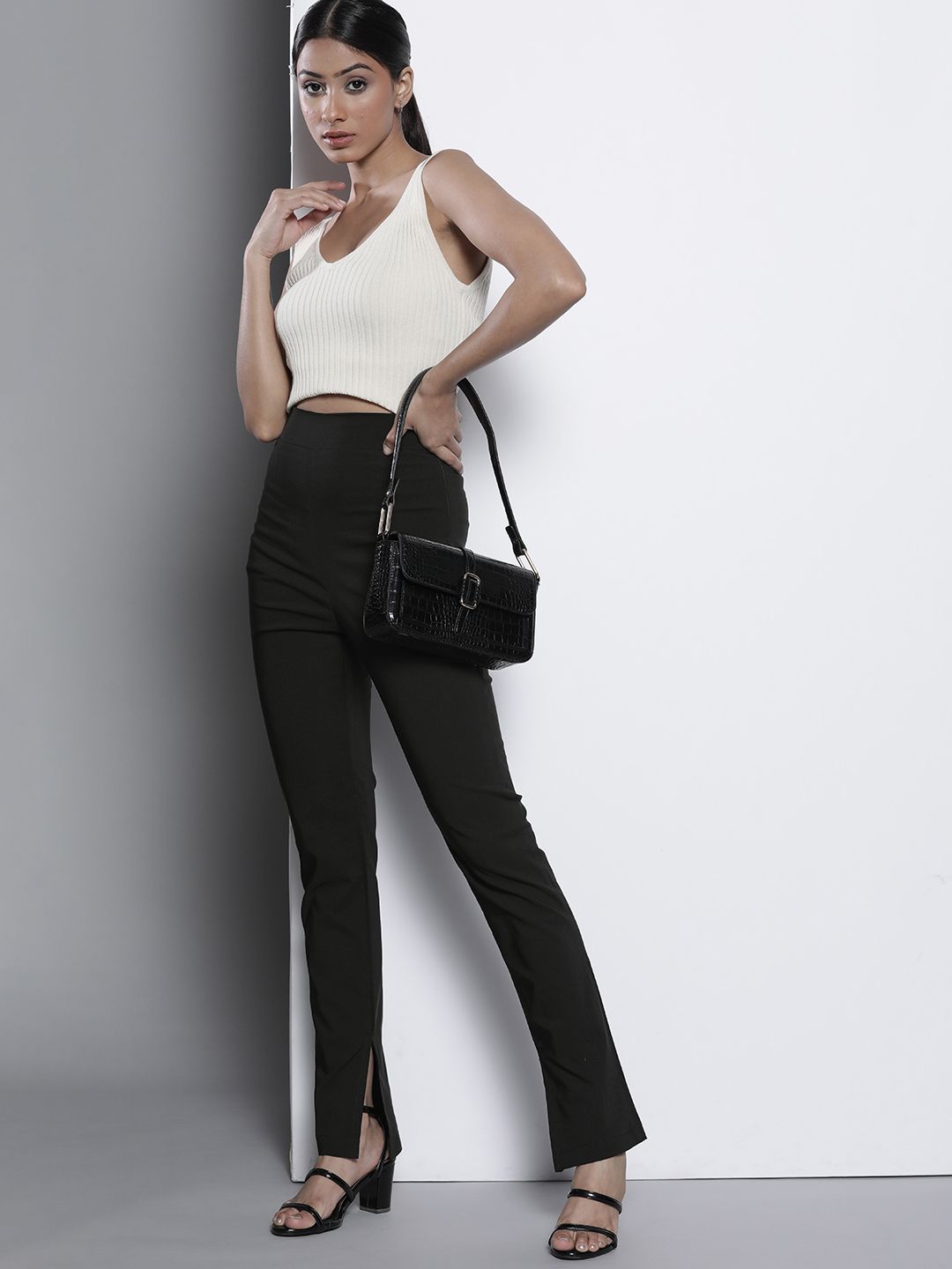 Femme Luxe Women Black Solid Trousers with Slit Detail Price in India