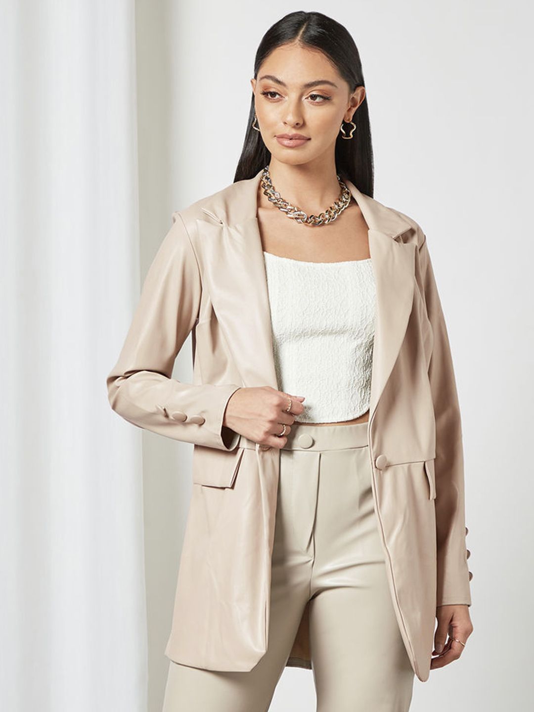 Femme Luxe Women Beige Solid PU Coated Blazer Price in India