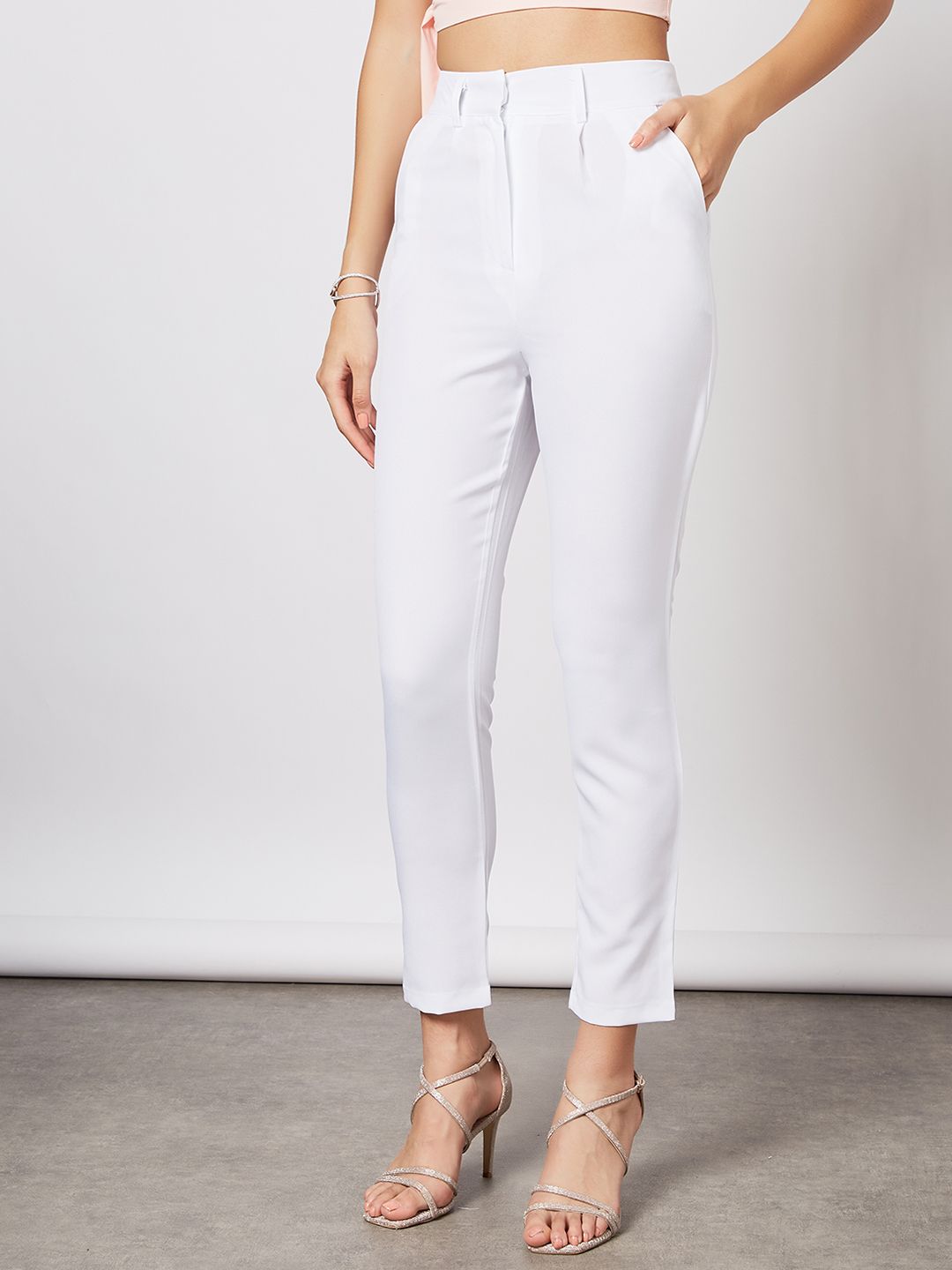 Femme Luxe Women White Solid Pleated Trousers Price in India