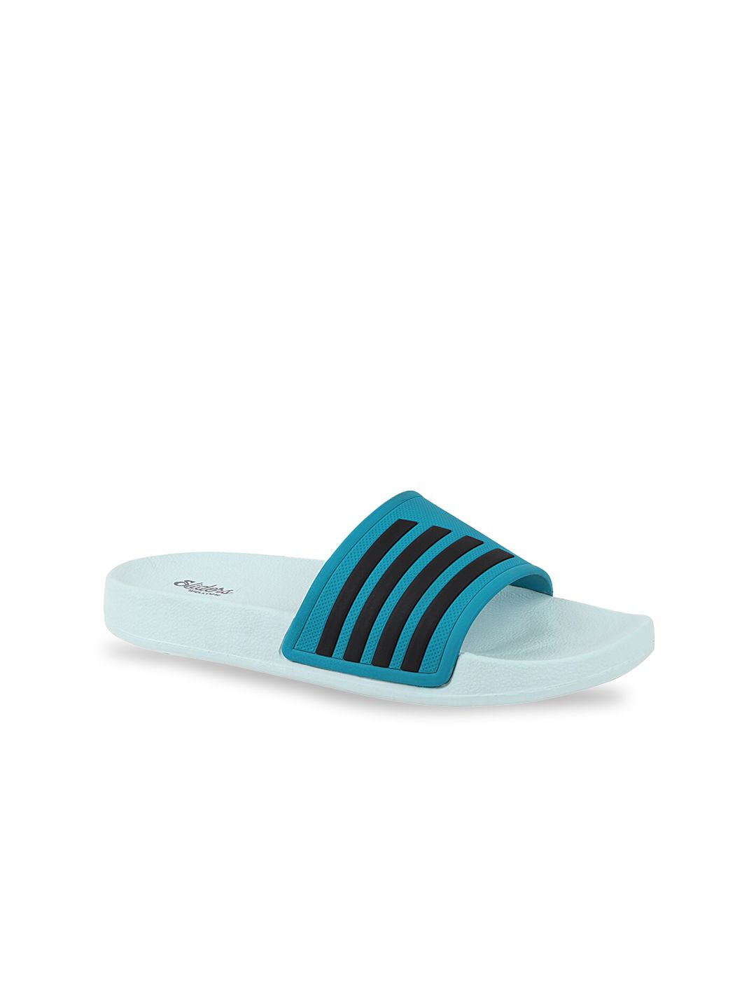 WELCOME Women Blue & Black Striped Sliders Price in India