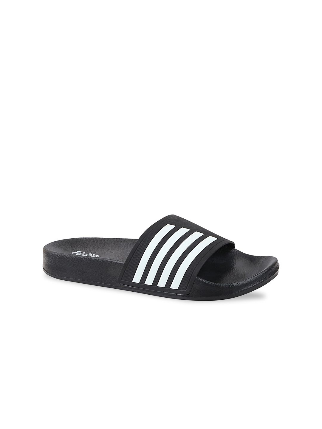 WELCOME Women Black & White Striped Sliders Price in India