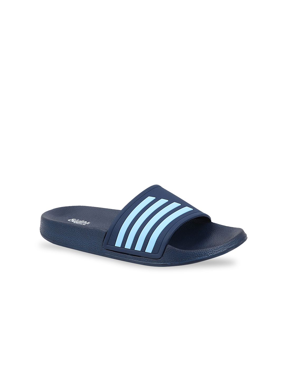 WELCOME Women Navy Blue & Turquoise Blue Striped Sliders Price in India