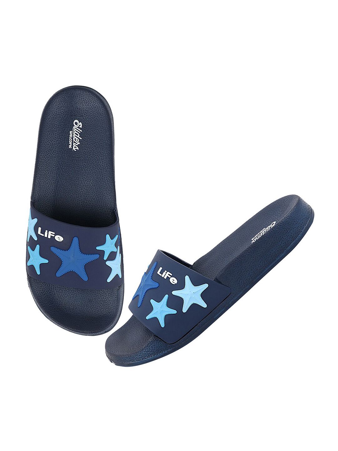 WELCOME Women Blue & White Printed Sliders Price in India