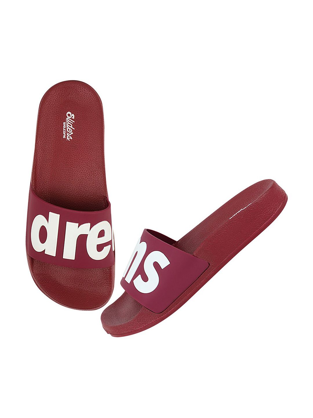 WELCOME Women Maroon & White Typography Printed Sliders Price in India