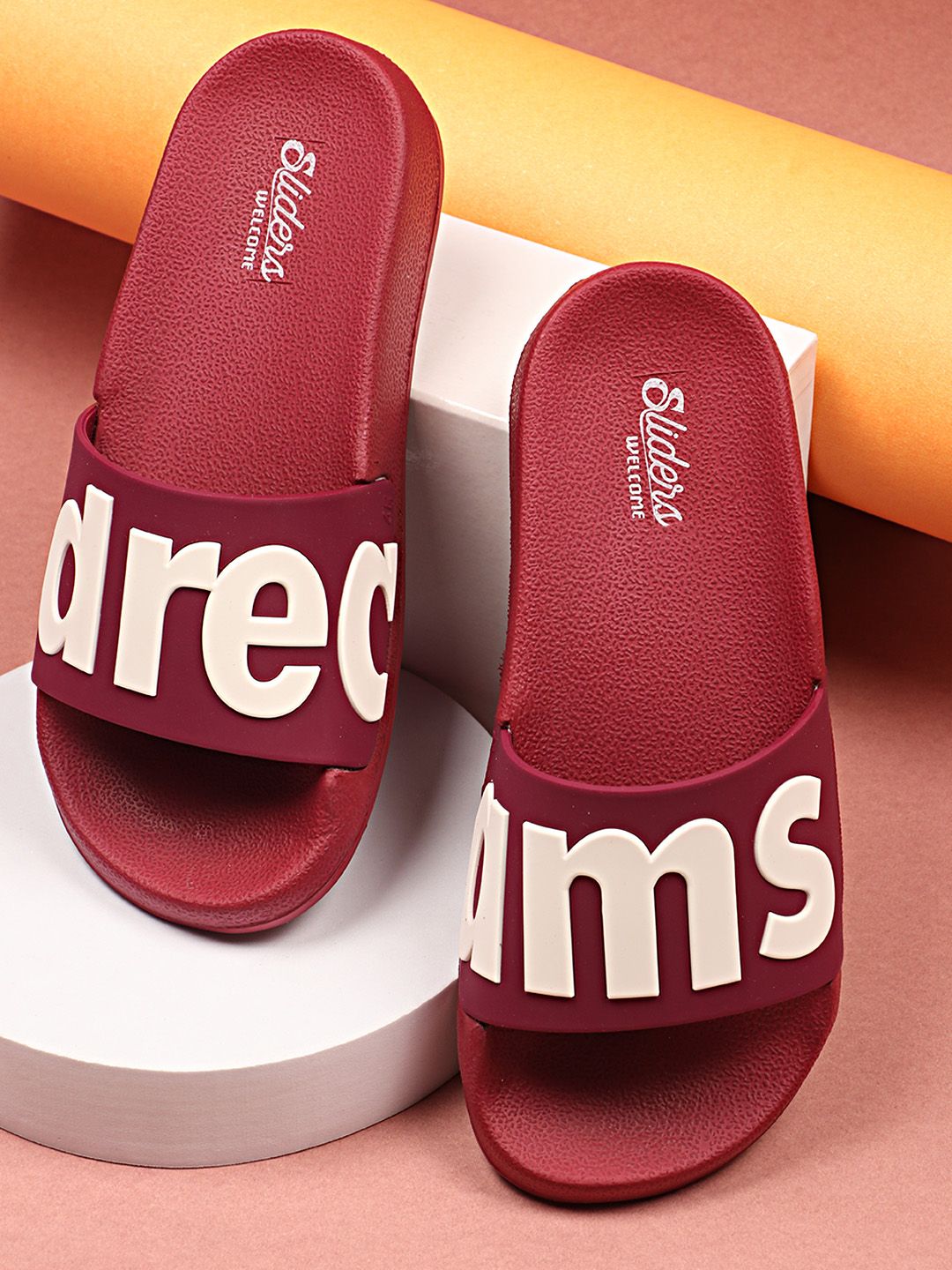 WELCOME Women Maroon & White Typography Printed Sliders