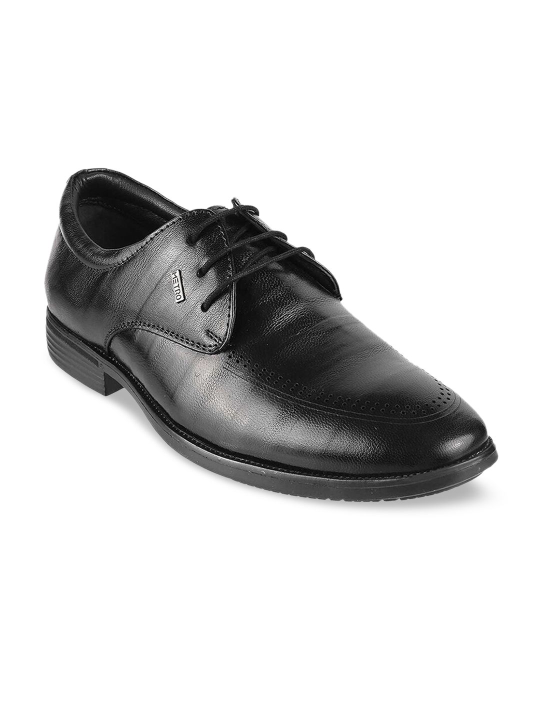 Metro Men Black Solid Leather Formal Derbys
