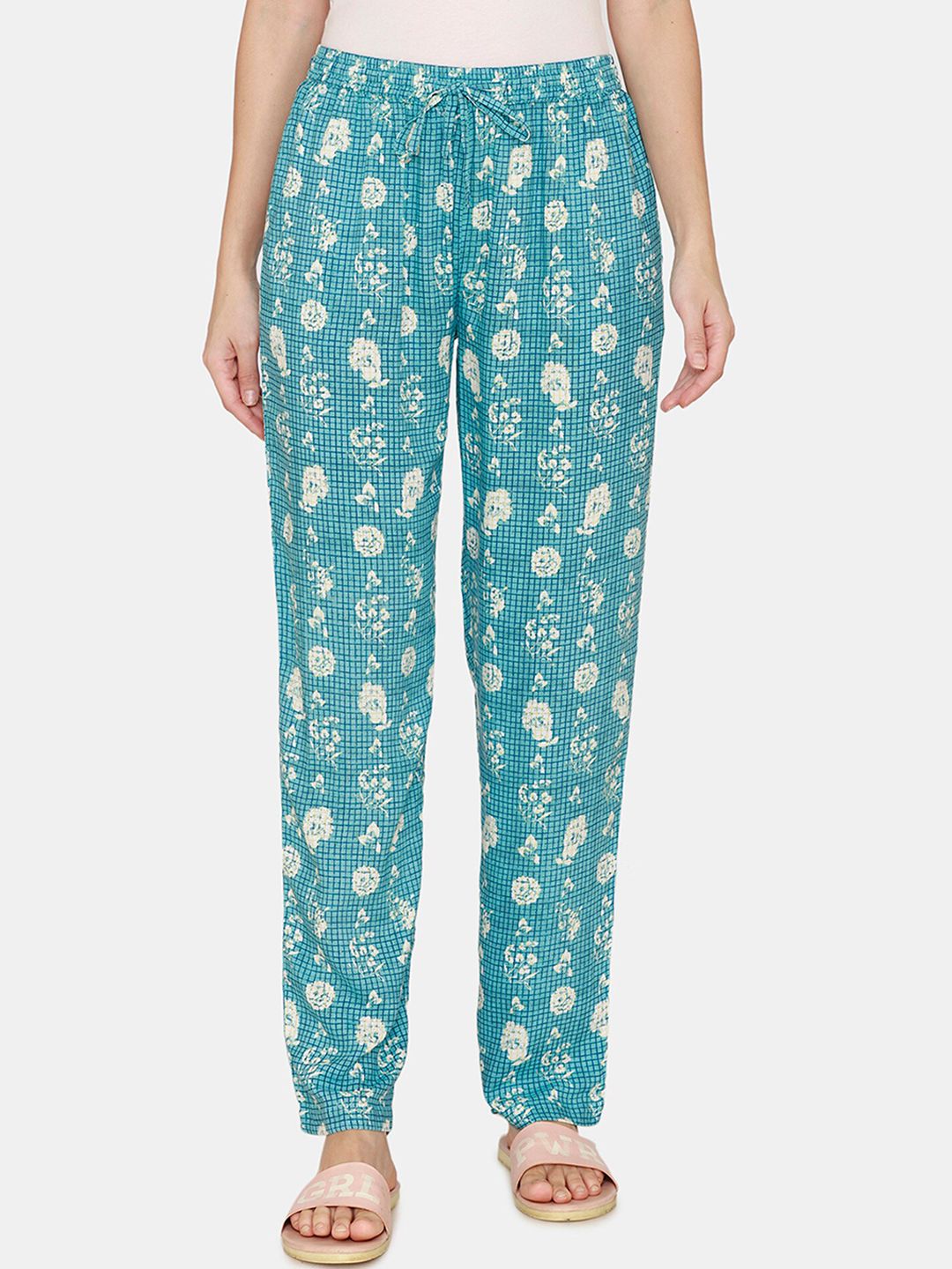 Coucou by Zivame Women Turquoise Blue Printed Cotton Pyjama Price in India