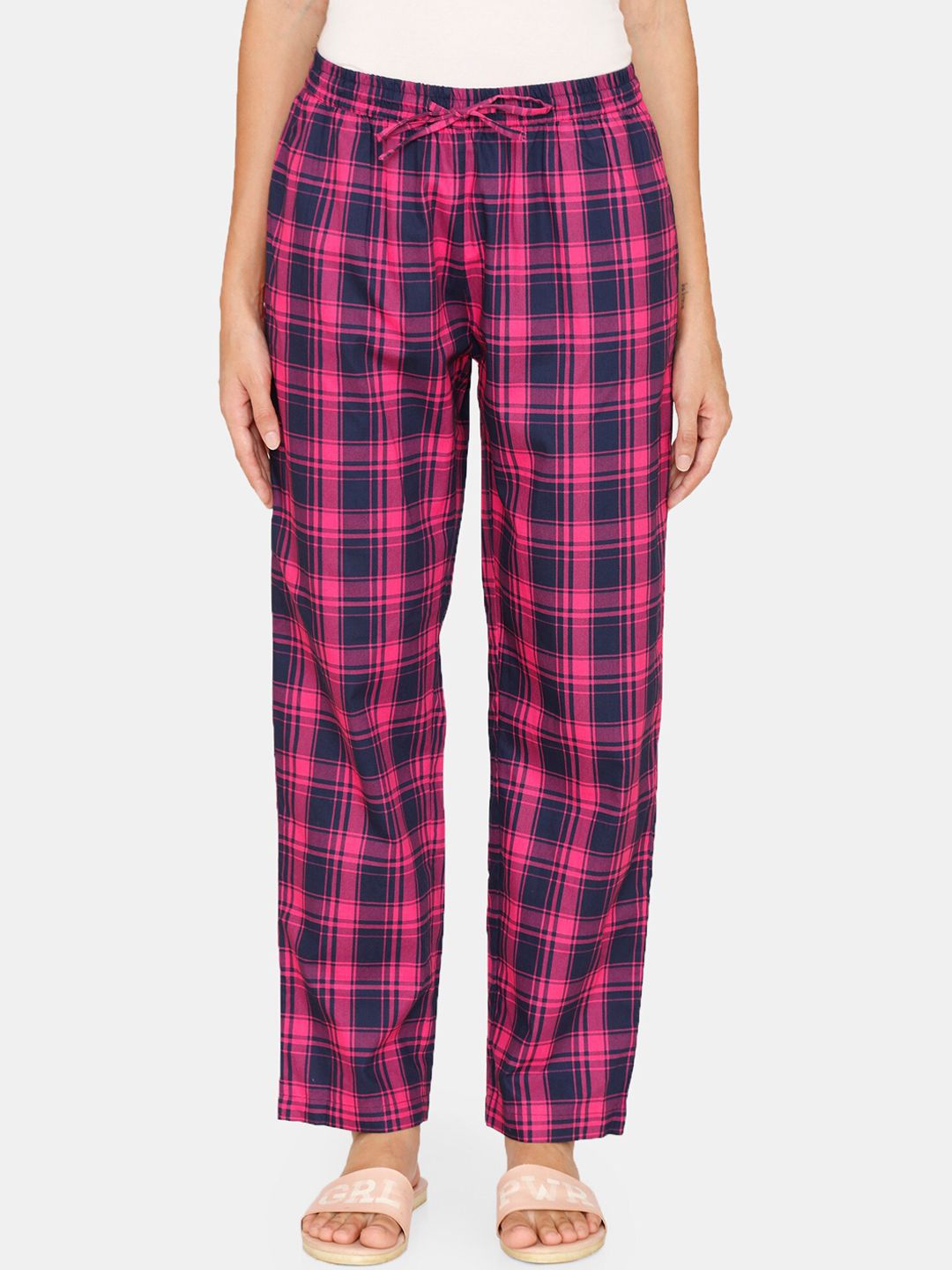 Coucou by Zivame Women Blue & Pink Checked Pure Cotton Pyjamas Price in India