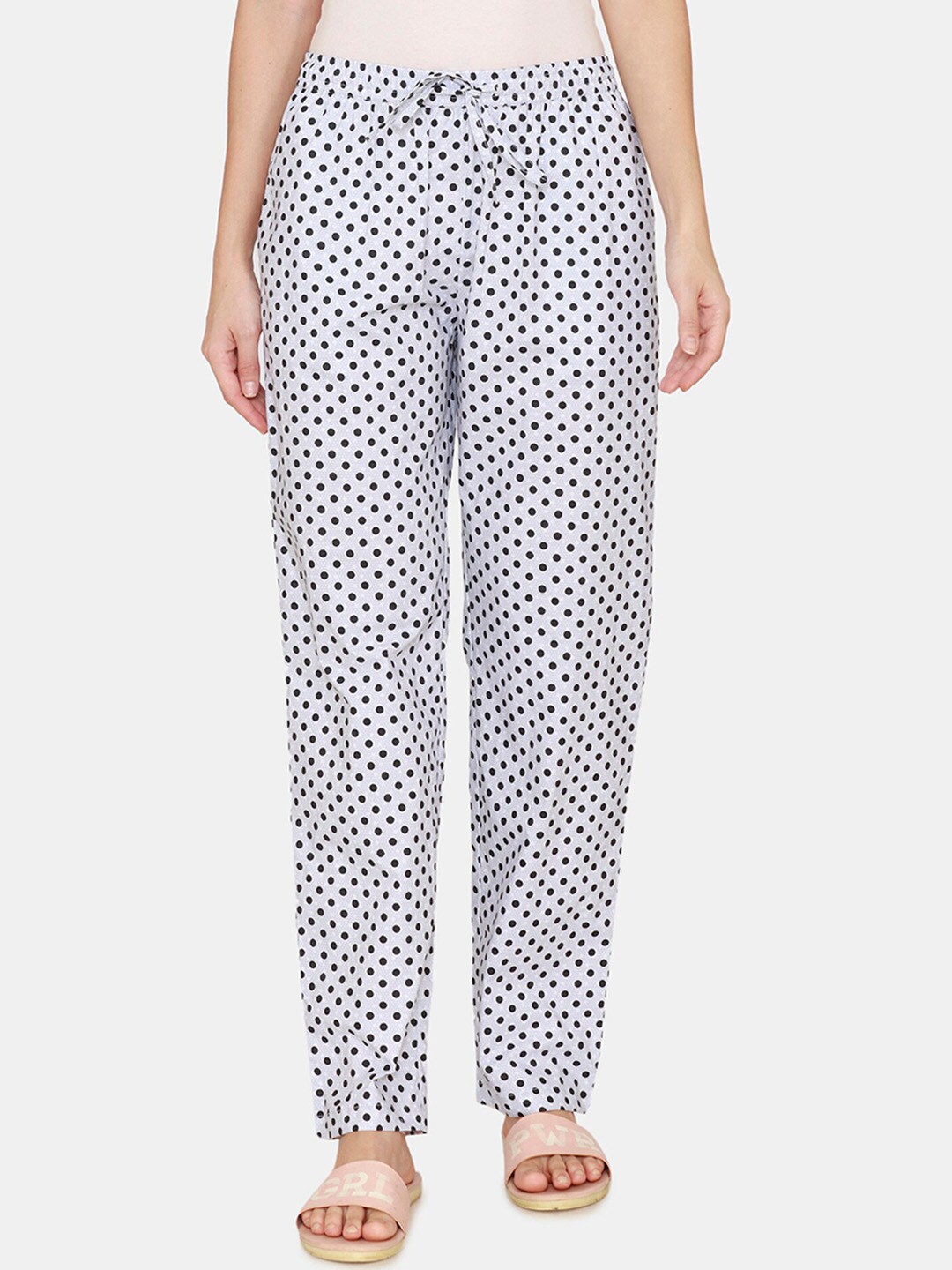 Coucou by Zivame Women White Polka Dot Printed Cotton Pyjama Price in India