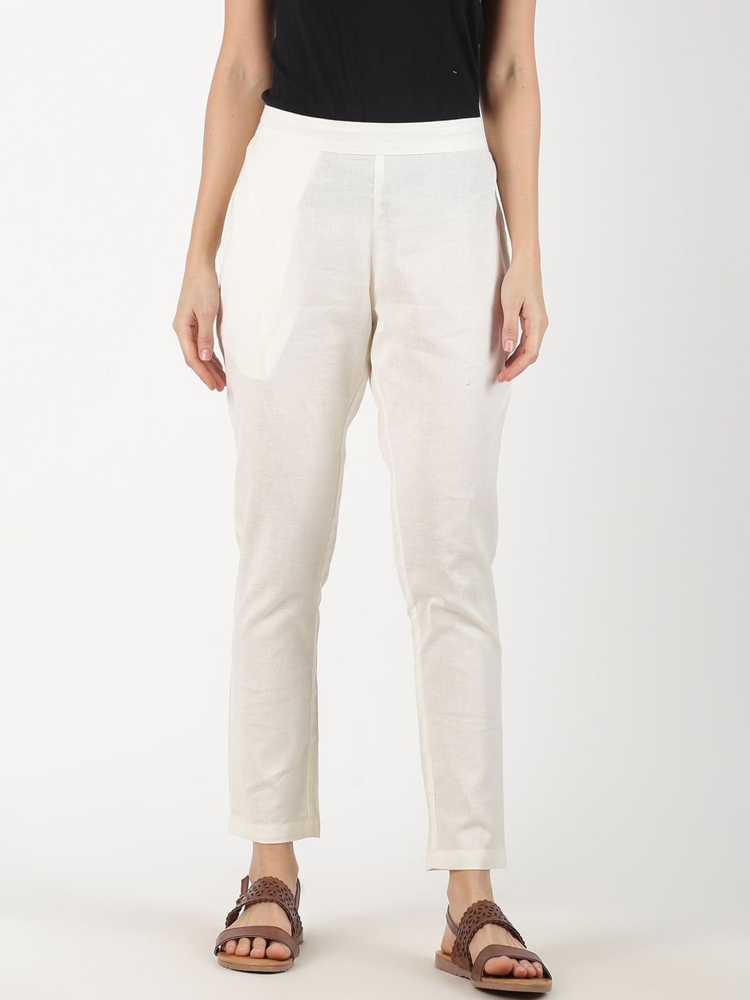 Saffron Threads Women Off White Solid Trousers