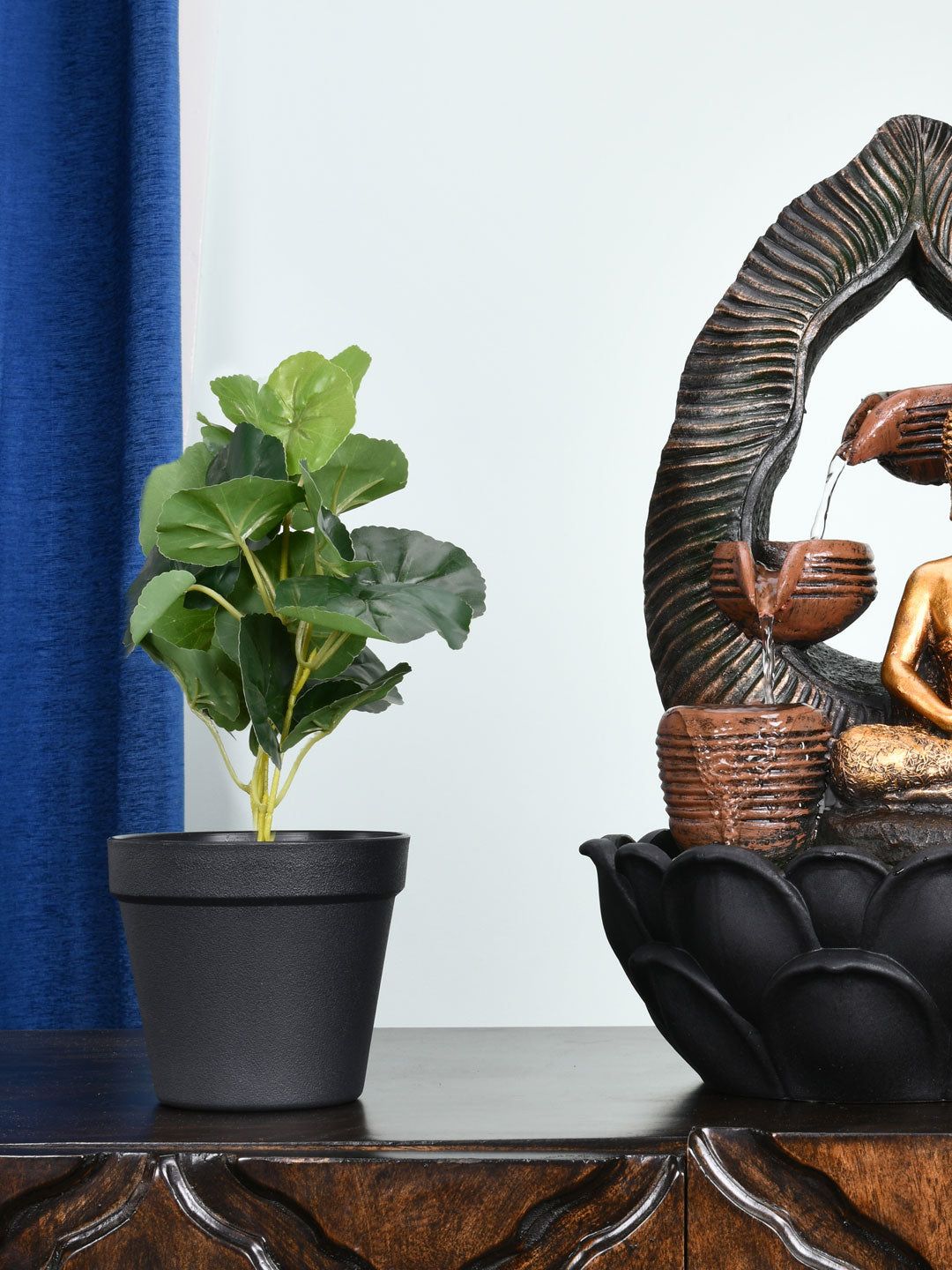 Athome by Nilkamal Green & Black Artificial Fan Leaf Plant with Black Pot Price in India