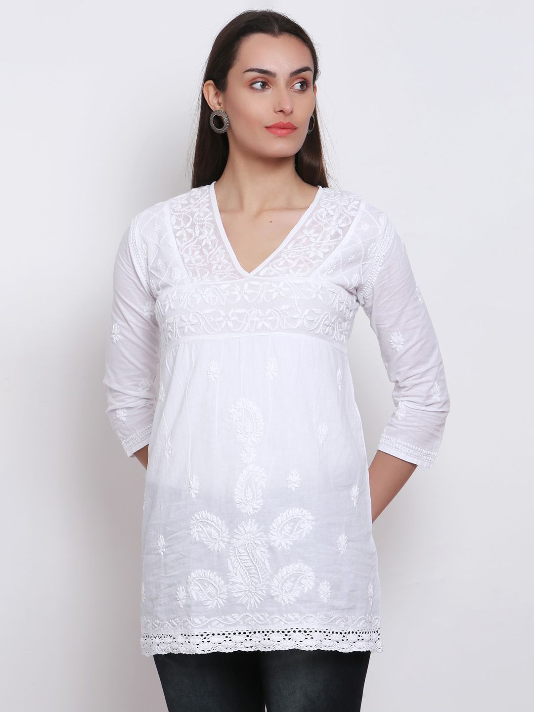 PARAMOUNT CHIKAN White Embroidered Cotton Tunic Price in India