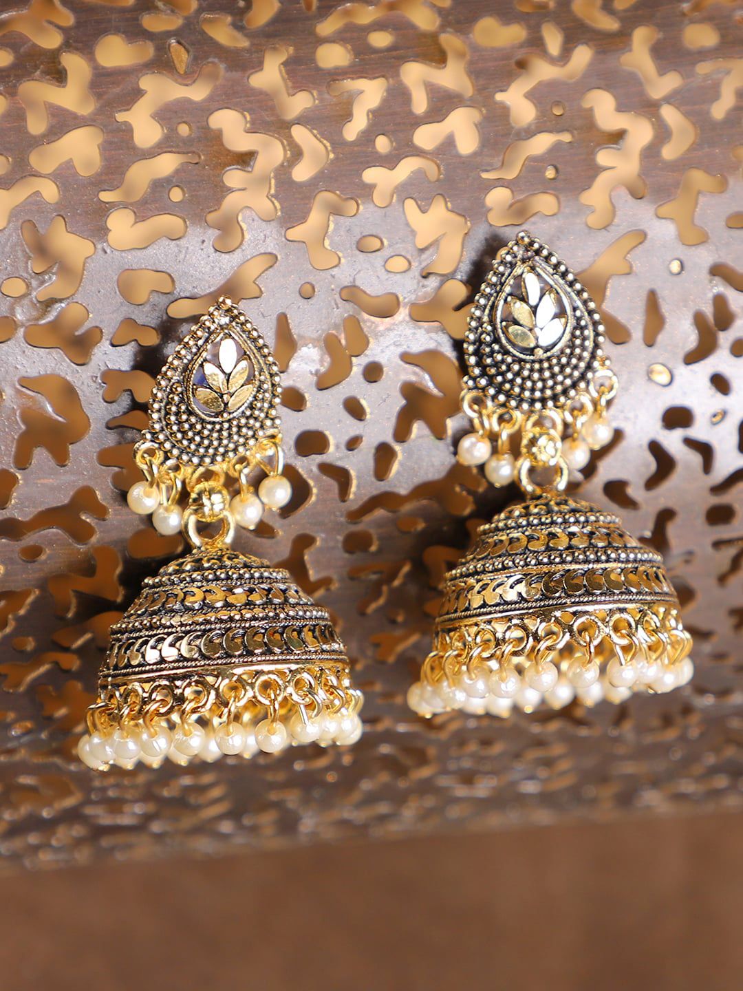 ANIKAS CREATION Gold-Plated Contemporary Jhumka Earrings Price in India