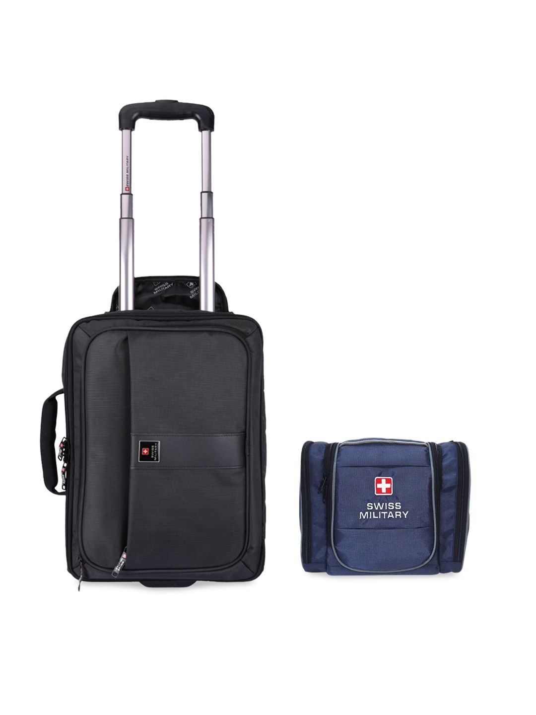 SWISS MILITARY Black & Blue Solid Trolley Bag With Toiletry Bag Price in India