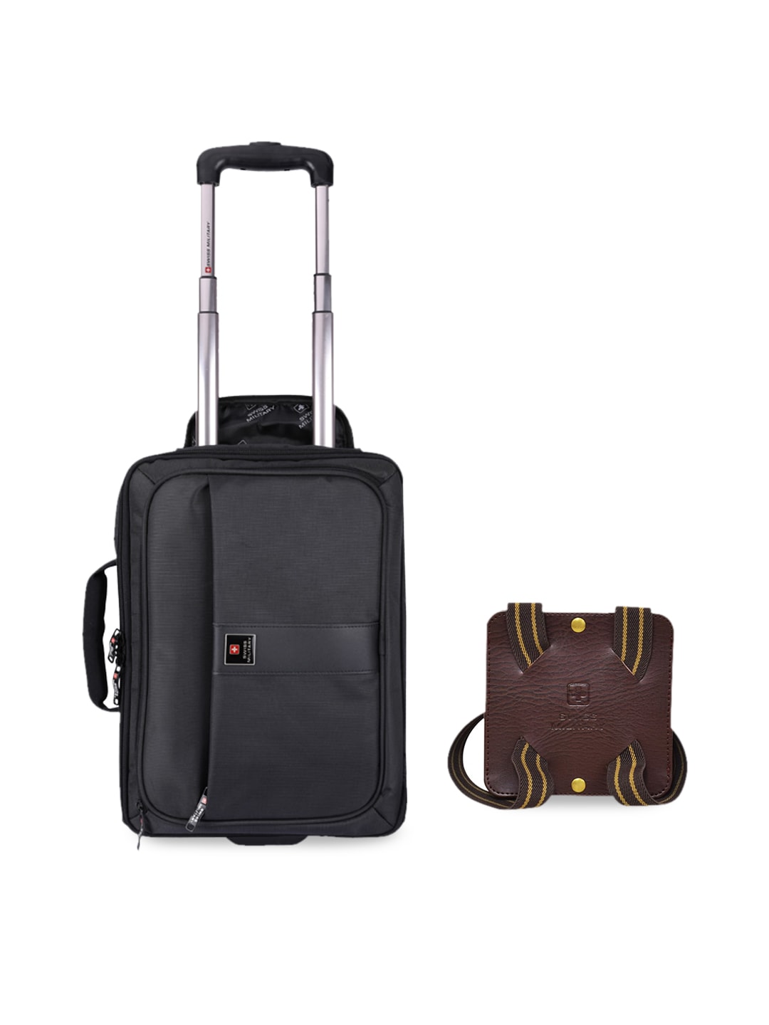 SWISS MILITARY Black & Brown Solid Trolley Bag With Travel Luggage Belt Price in India