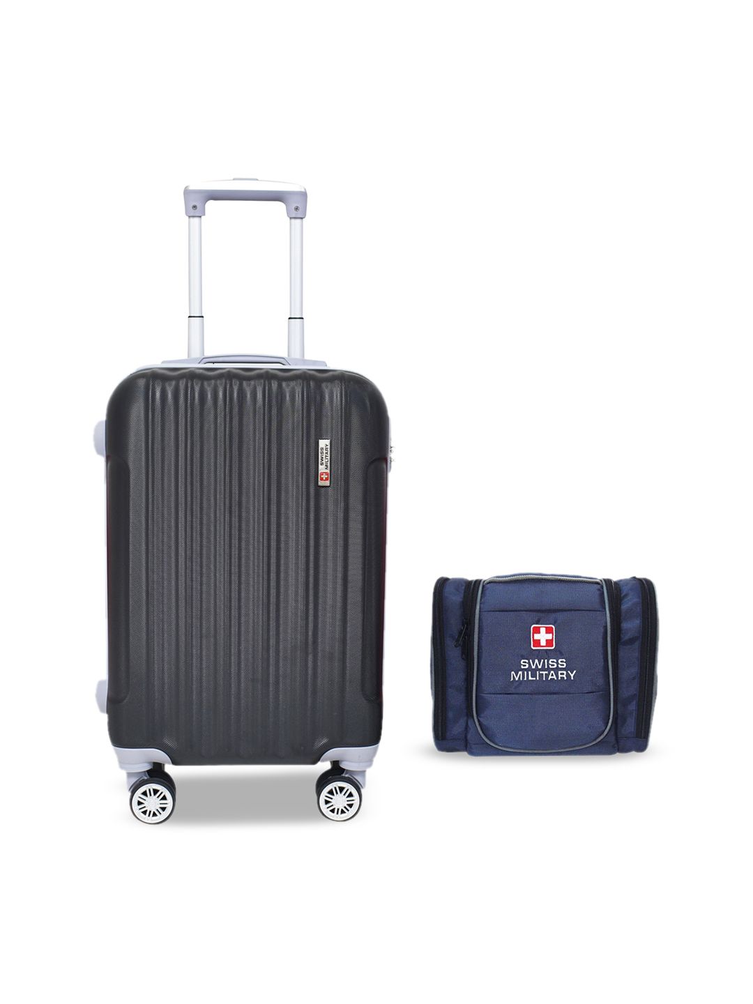 SWISS MILITARY Black & Blue Textured Hard-Sided Cabin Trolley With Toiletry Bag Price in India