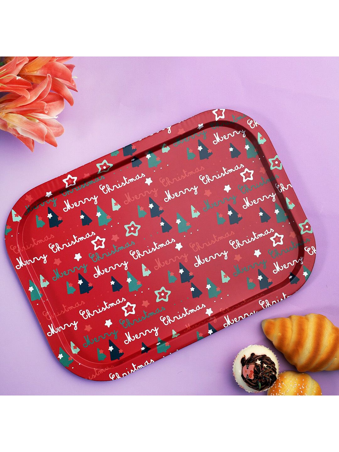 A Vintage Affair- Home Decor Red & White Printed Merry Christmas Gift Tray Price in India