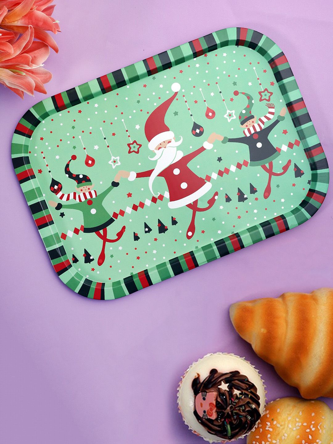 A Vintage Affair- Home Decor Green & Red Santa & The Elves Printed Serving Trays Price in India