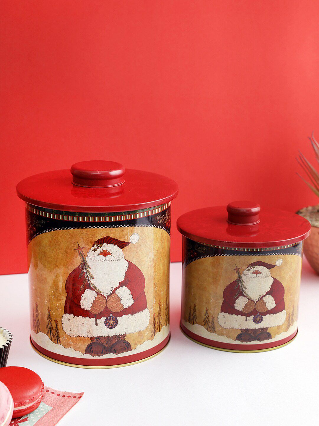 A Vintage Affair- Home Decor Set of 2 Beige & Red Fat Santa Claus Canisters Price in India