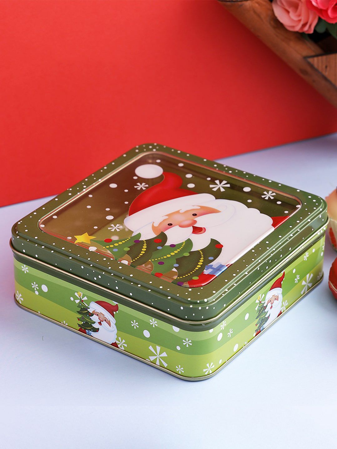 A Vintage Affair- Home Decor Green Printed Peeping Santa Christmas Cookie Box Price in India