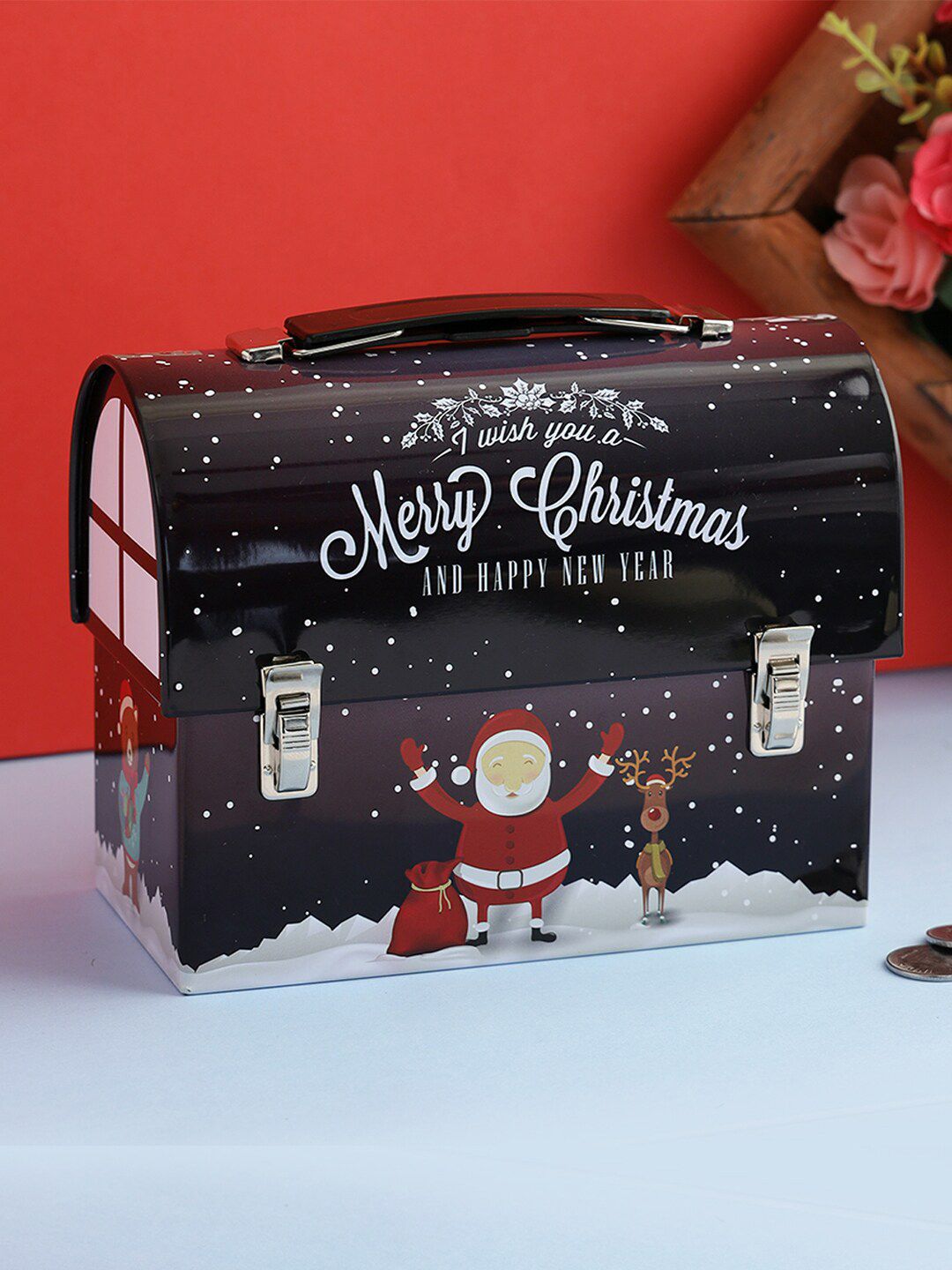 A Vintage Affair- Home Decor Navy Blue Merry Christmas Trunk Box Piggy Bank Price in India