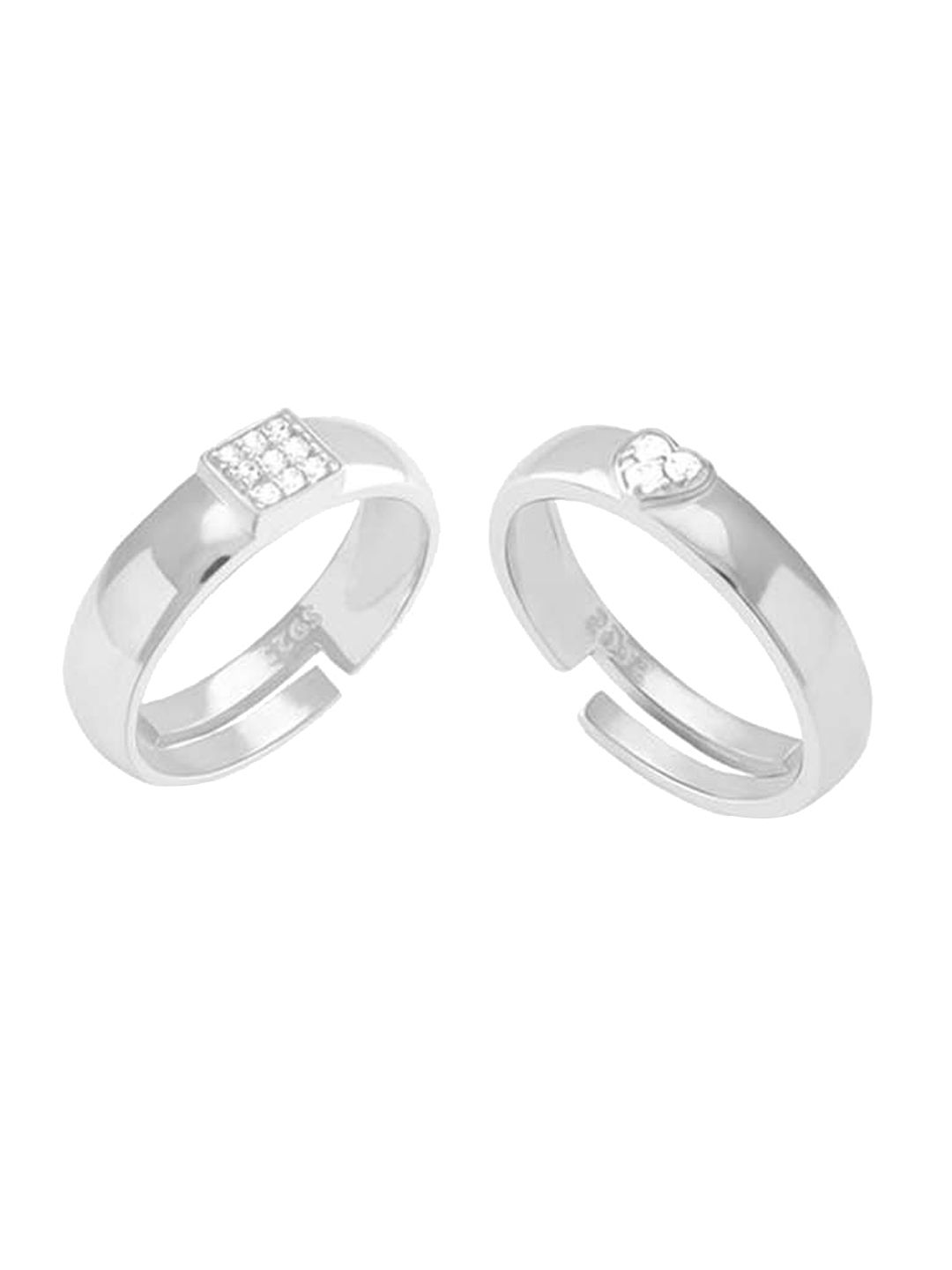 GIVA Set Of 2 Rhodium-Plated & White Cubic Zirconia-Studded Couples Adjustable Finger Rings Price in India