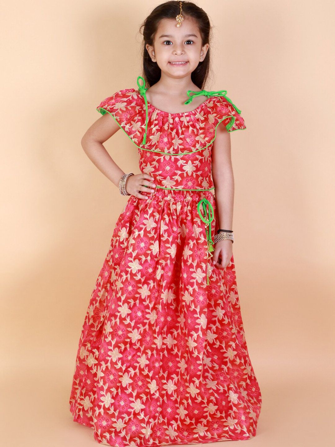 KID1 Girls Pink & Gold-Toned Floral Printed Ready to Wear Silk Pavda Pattu