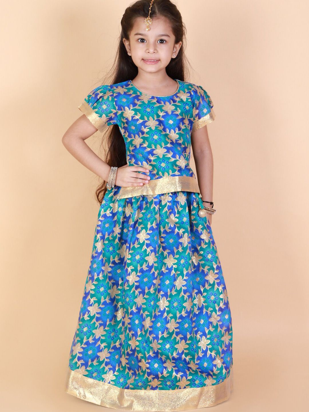 KID1 Girls Blue & Gold-Toned Floral Printed Ready to Wear Silk Pavda Pattu